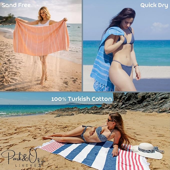 PARK&OZ Turkish Beach Towel – Oversized 100% Cotton, Quick-Dry, Absorbent, Sand-Free Blanket 72x40 – Extra Large, Lightweight Pool Towel for Adults, Women, Men – Sand Resistant & Perfect (Blue)