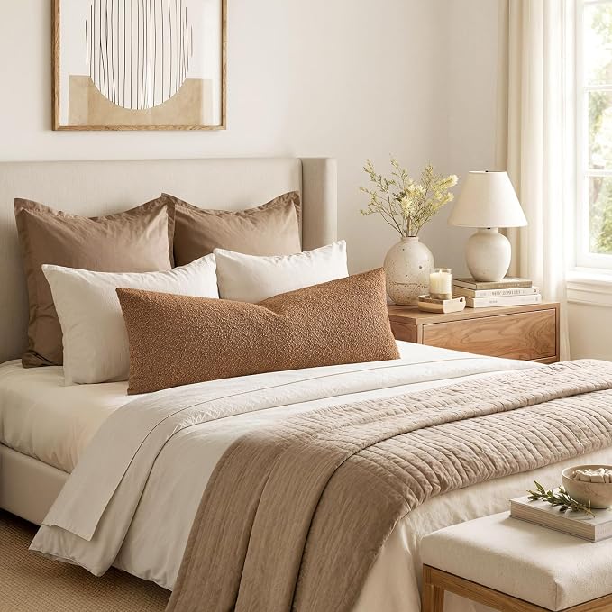 MIULEE Textured Boucle Lumbar Pillow Cover for Bed 14x36 Brown | Pack of 1 Textured Neutral Fall Couch Throw Pillow Cover, Accent Solid Long Body Pillowcase, Sofa Living Room Home Decor