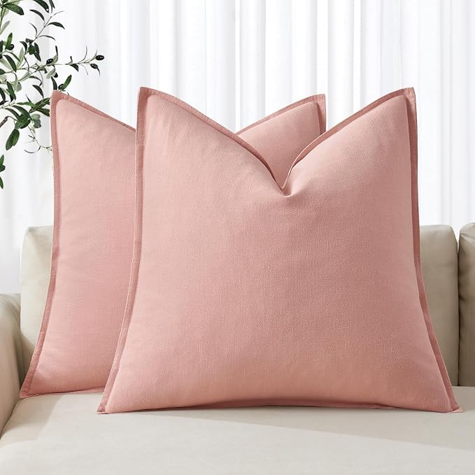 MIULEE Decorative Linen Pillow Covers 20x20 Inch Pink | Boho Farmhouse Neutral Couch Throw Pillows for Bed, Pack of 2 Accent Modern Pillowcases, Sofa Livingroom Home Decor