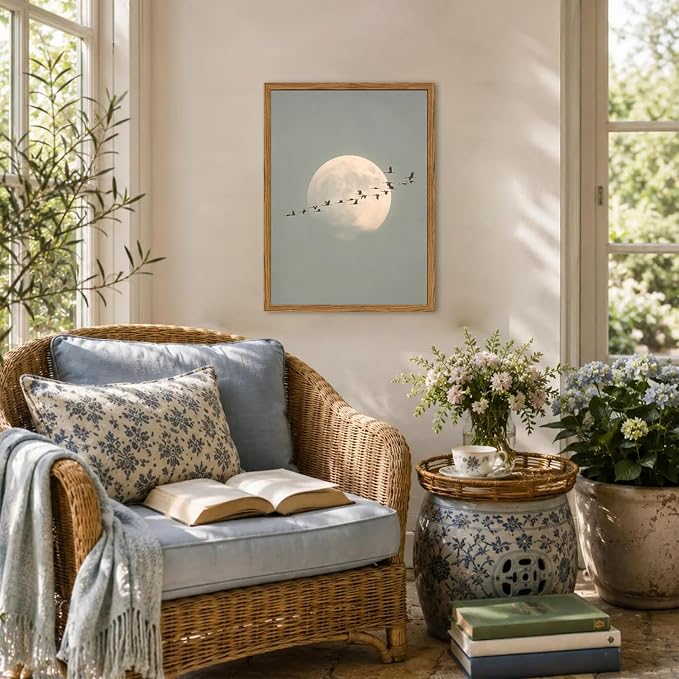 Framed Vintage Bird Wall Art, Minimalist Moon Flying Birds Pictures Wall Decor, Japandi Nature Landscape Paintings Canvas Prints Neutral Home Decor for Living Room Bedroom Bathroom 16x24 inch