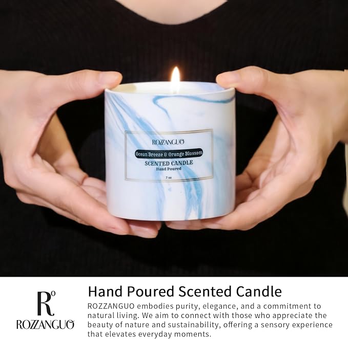 Luxury Marble Jar Scented Candle | Women Men | Non Toxic 100% Natural Coconut & Soy Wax Blend Cotton Wick | Hand Poured Highly Scented Long Lasting (Ocean Breeze & Orange Blossom, 7 Ounces)