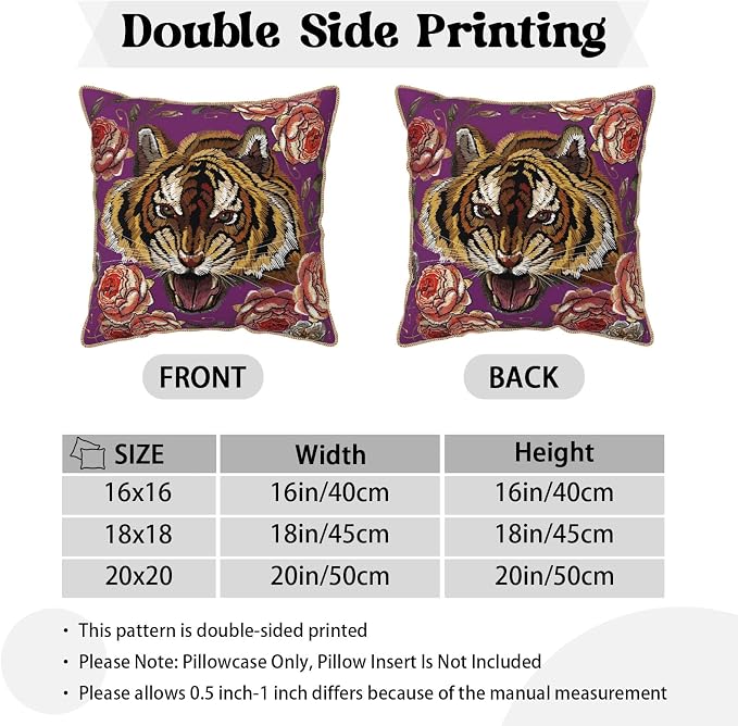 Tiger Flower Purple Velvet Pillow Covers 18x18 Inch Pink Floral Animal Throw Pillows for Couch Cushion Covers Pillowcase Farmhouse Modern Pillow Cases for Sofa Bed Living Room Bedroom