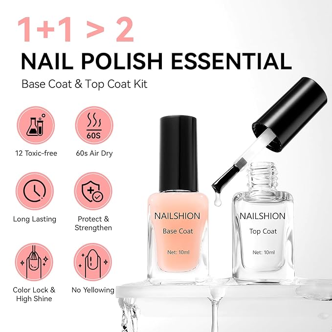 Clear Top Coat and Nude Base Coat Ridge Filler Strengthening Anti Chip Nail Polish, Non Gel, Rich in Castor Oil & Calcium, Salon Quality, Vegan, High Glossy Quick Dry Home DIY Nail Art Gift