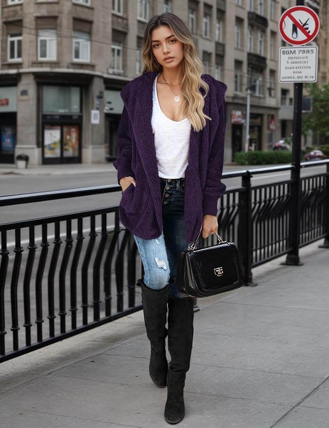 Zilcremo Women Hooded Cardigan Fuzzy Jacket Winter Open Front Fleece Coat Outwear with Pockets