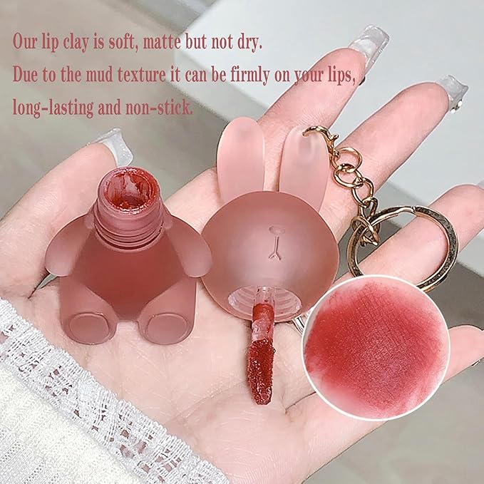 6 Colors Velvet Matte Liquid Lipstick set, Cute Rabbit Lip Glaze 2 in 1 Key Chain Lip Gloss Lip Stain, Waterproof Non-Stick Cup Long Lasting Lip Clay Cute Lip Makeup for Girls (A)