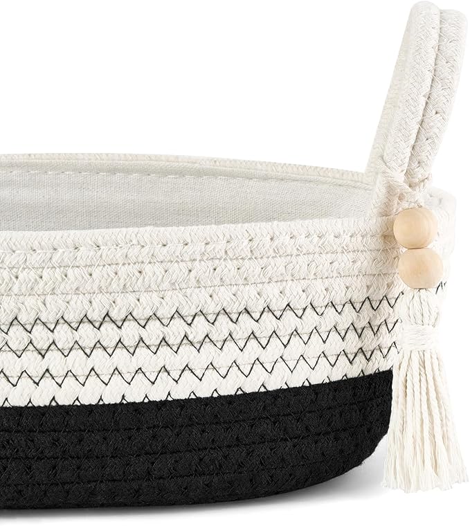 Mkono Toilet Paper Basket, Boho Bathroom Decor, Small Storage Organizer | Black and White, 15.7"L x 6"W, Back of Toilet Basket, Decorative Woven Tray with Handles, Space-Saving, Living Room Bedroom