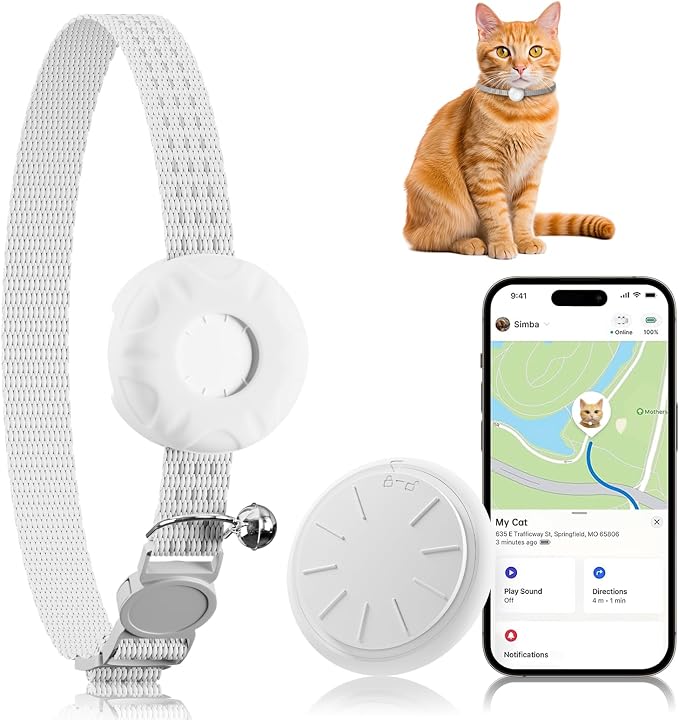 Cat GPS Tracker for Cats, Waterproof Pet GPS Tracker, Compatible with Apple Find My App (Only iOS), No Monthly Fee, White