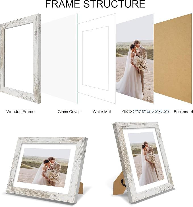 Hongkee 7x10 Picture Frame Set of 4, Made of Real Glass and Distressed White Frame - Display 5.5 x 8.5 Diploma Frame with Mat or 7x10 Without Mat, 7 by 10 Photo for Wall or Tabletop