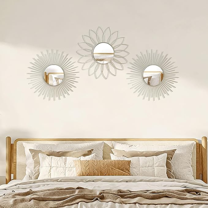 3 Pack Metal Mirrors for Wall Sunburst Wall Mirrors Home Décor Decorative Hanging Wall Art for Living Room Bedroom Entryway (Silver2, Flower+Sunburst)