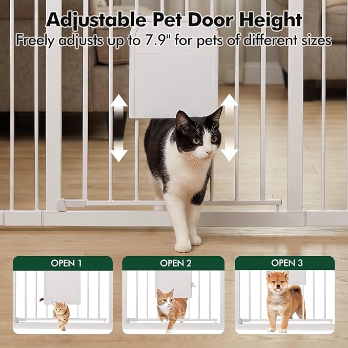 31-46“ Metal Pet Gate with Cat Door, Auto Close,White | Pressure Mounted,Two-way swing door,Pressure mounted no drill setup,adjustable 31-46in width for indoor doorways & stairs