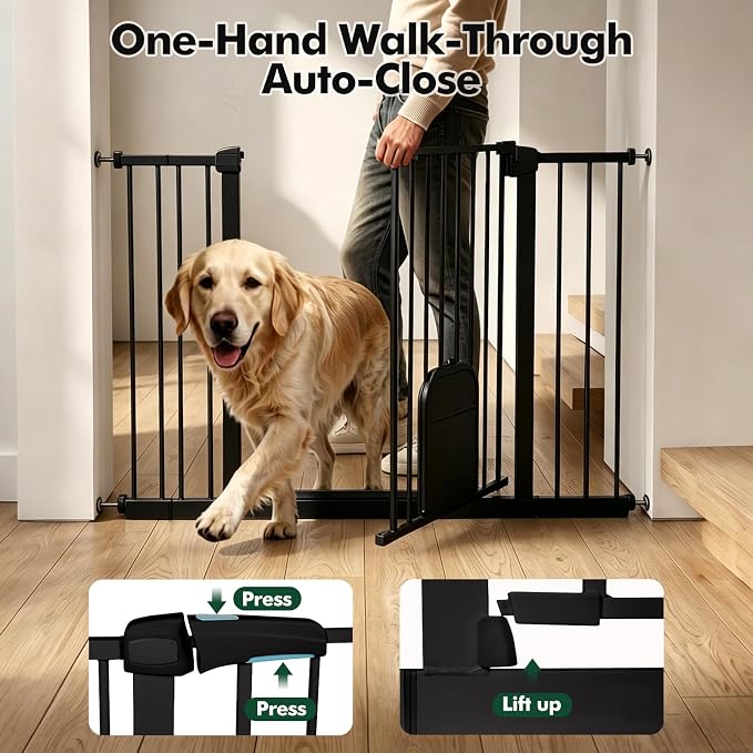 31-46“ Metal Pet Gate with Cat Door, Auto Close, Black | Pressure Mounted,Two-way swing door,Pressure mounted no drill setup,adjustable 31-46in width for indoor doorways & stairs