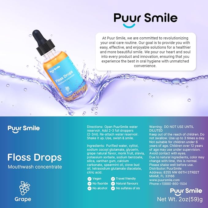 Puur Smile Concentrated Floss Drop Serum – 2oz Concentrated Mouth Wash to Use in Water Flosser | Natural Essentials Promotes Good Breath | Organic Drop Provides Good Oral Health (Grape Flavor)