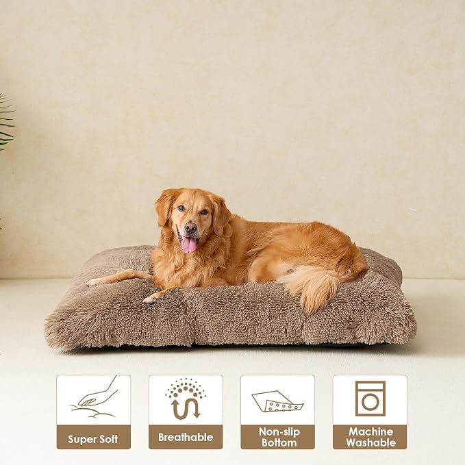 EHEYCIGA Fluffy Dog Crate Bed, Plush Extra Large Dog Pillow, Camel | Xlarge Calming Anti Anxiety Plush Faux Fur Mat for Large size dogs, Washable Soft Warm Dog Pad with Non-Slip Bottom