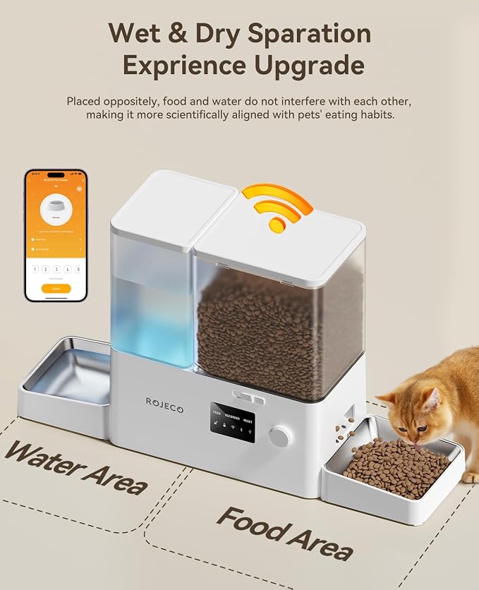 2-in-1 Automatic Cat Feeder & Water Dispenser,WiFi Control Feeding | 2.4G WiFi APP/Timed Feeding/5L Food Feeder,3.5L Water Fountain/Stainless Steel Bowls/Detachable Clean/White