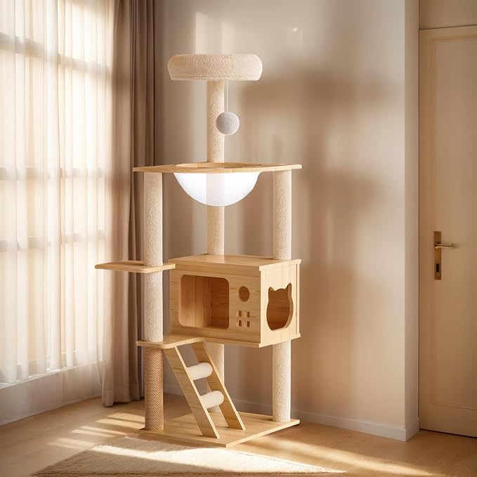 Cat Tree & Litter Box Enclosure,Modern All-in-one Indoor Cats Tower with Large Platform, Cat Condo with Wood House, Food Station, Hammocks (45.8“)