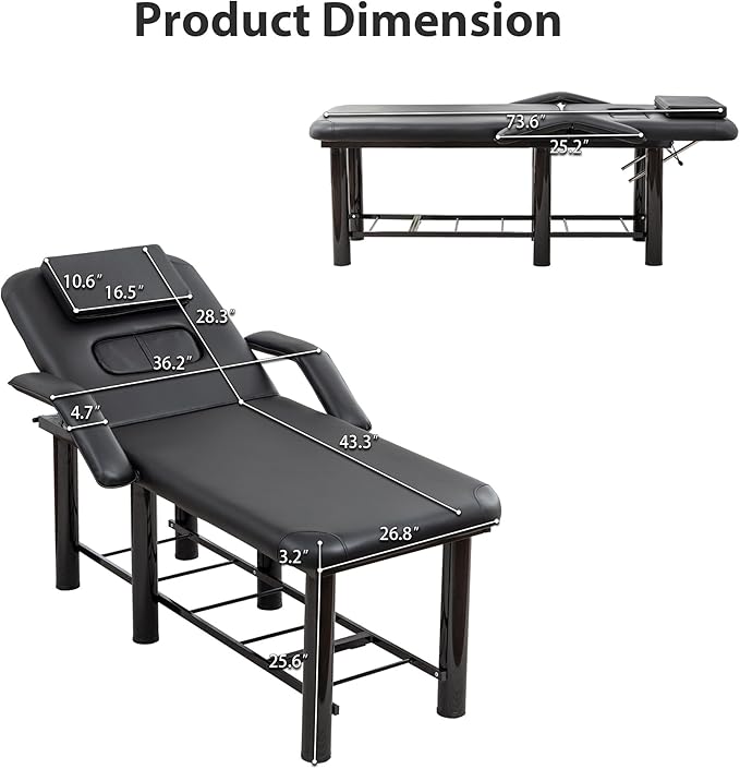 Professioanl Massage Table w/Adjustable Backrest for Treatment Table Spa Facial Bed Barber Beauty Equipment, Metal Frame PU Leather, Armrests Removable Headrest Salon Bed, Black