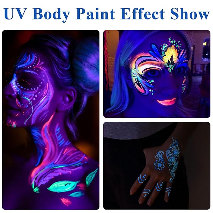 Glow in the UV Light Paint, Non-Toxic Neon Face Paint, Washable & Compact Glow Face Paint for Halloween, Cosplay, Party 12 PCS