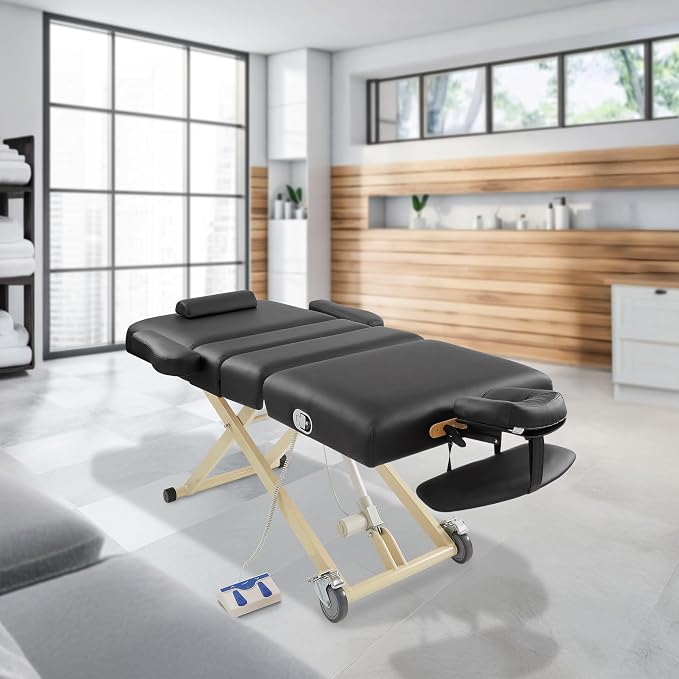 Saloniture Professional 4-Section Electric Lift Massage Table - Includes Armrest, Headrest, Face Cradle and Bolster - Black