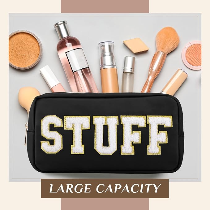 Preppy Makeup Bags Chenille Letter Stuff Bag Nylon Cosmetic Pouch Cases with Zipper for Women Travel Toiletry(Cute Color,Classic,4 Pcs)