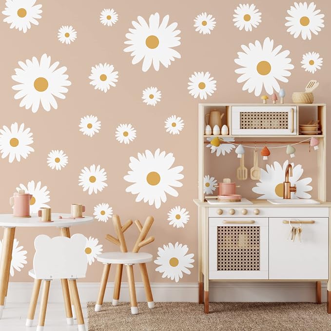 TaoBary 12 Sheet Daisy Wall Sticker Decal,White, Yellow,Multi Petal Style | Big Flower Wall Sticker, Pink White Floral Decal, Daisy Bedroom Room Decor, Removable Peel and Stick, Nursery Home Wall Decor