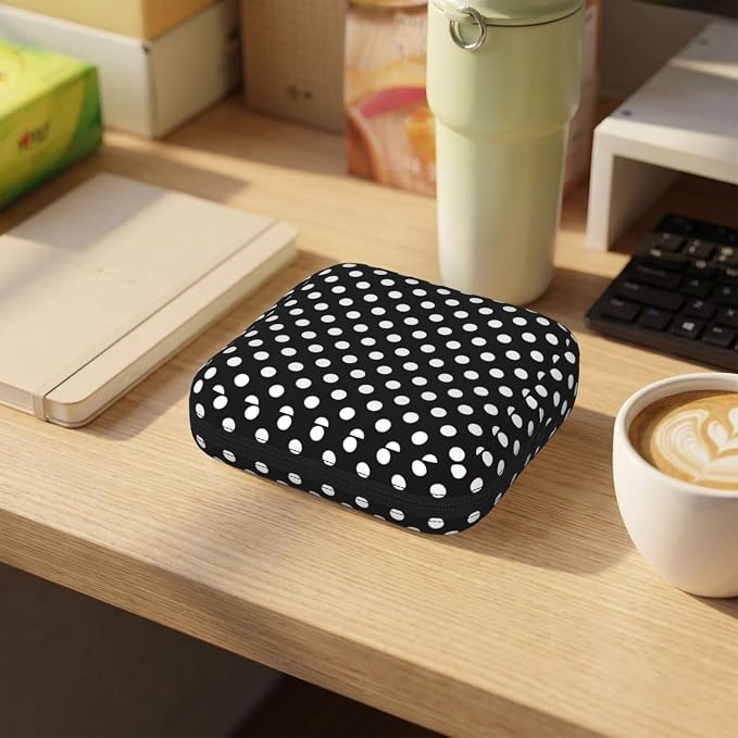 Polka Dot Black Polkadot Black And White Period Bag For Women,Portable Sanitary Napkin Period Pad Pouch For Purse, Small Make Up Bags