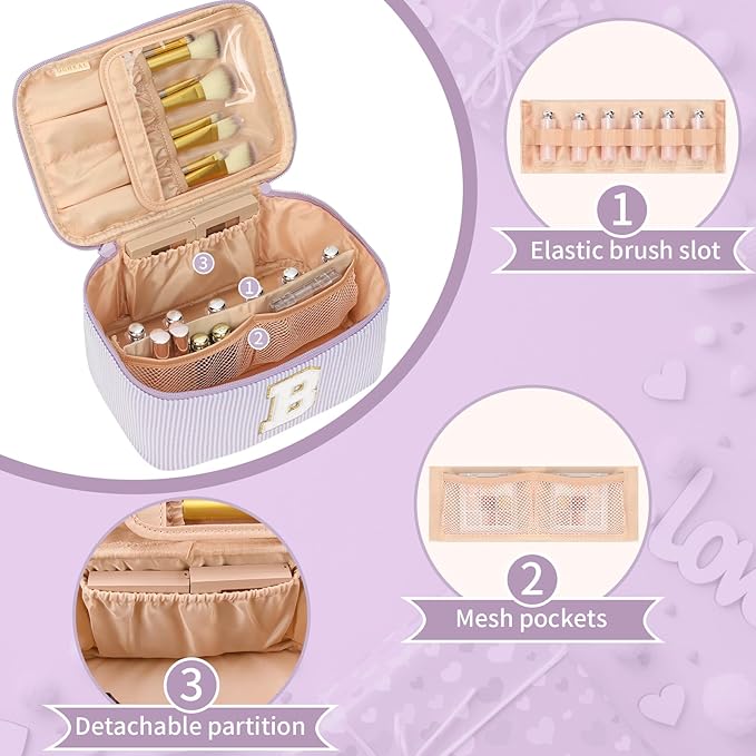 OCHEAL Makeup Bag Valentines Day Gifts for Women, Monogram Cosmetic Bag Purple Travel Makeup Case Beauty Toiletry Bag Organizer Personalized Gifts for Girls Bridesmaid, Sister, Wife, Friends Initial B