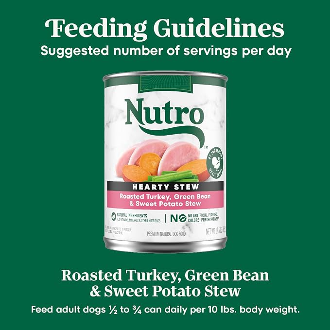 Nutro Hearty Stew Canned Wet Dog Food, Natural Grain Free Dog Food Wet Cuts in Gravy Roasted Turkey with Green Bean & Sweet Potato Stew, 12.5 oz. Cans (12 Count, Pack of 2)