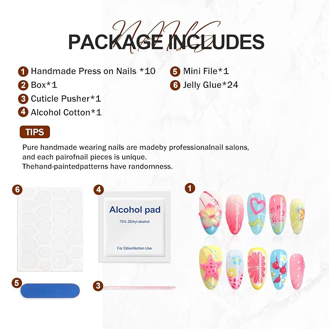 Handmade Press On Nails Almond - French Tips with 3D Flowers Water Rhinestone Design Short Nails, Salon-Quality Reusable, 10Pcs Includes Adhesive Pads & Nail File, Holiday Gifts & Party