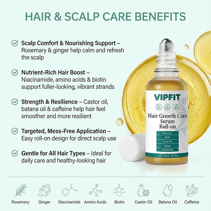 Hair Growth Care Serum Roll-On with Rosemary, Niacinamide, Ginger, batana & Castor Oil, Nourishes Scalp for Thicker-Looking, Vibrant Hair, Light Camellia Scent, 30ml/1.01 fl.oz