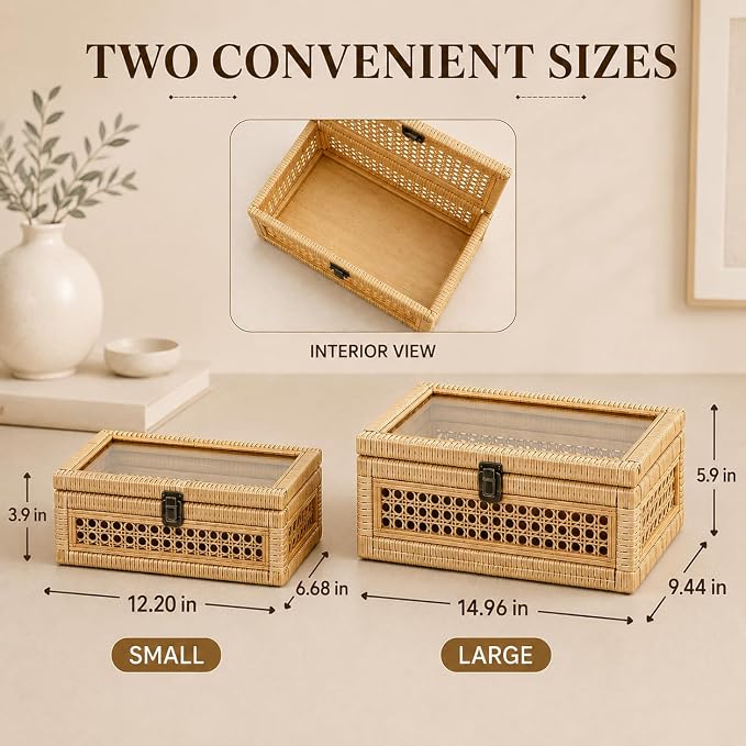 Set of 2 Handwoven Boho Rattan Decorative Boxes with Glass Lid | Wicker Display Boxes for Jewelry, Keepsakes & Home Decor, Stackable Boho Organizer for Coffee Table, Bedroom & Shelf