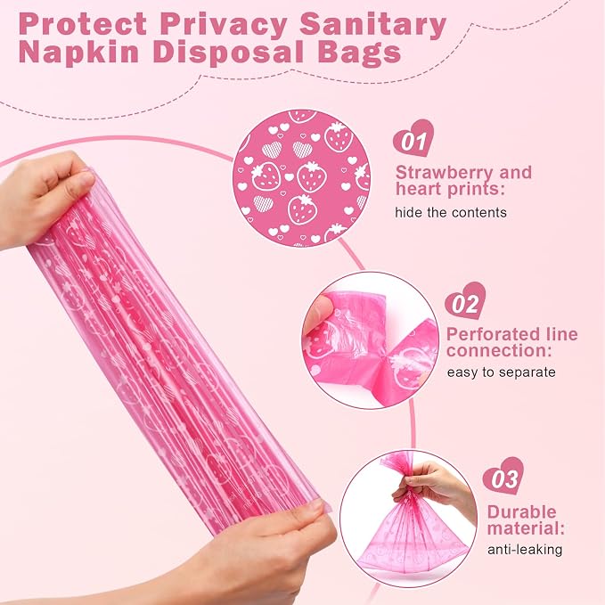 300P Sanitary Napkin Disposal Bags, Luxiv Disposable Sanitary Bags Rolls Personal Care Disposal Bag for Diapers, Tampons, Pad Period Bag Disposal Feminine Hygiene Products Bags with Scent (Pink)