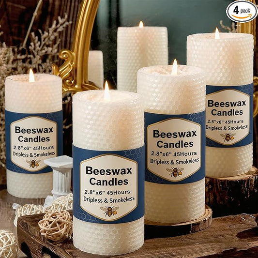 4 Pack Beeswax Pillar Candles, 2.8x6 Inch 180 Hours Hand-Rolled White Large Beeswax Candles, Handmade Pure Bees Wax Honeycomb Bees Wax Candle for Prayer, Unscented Candles
