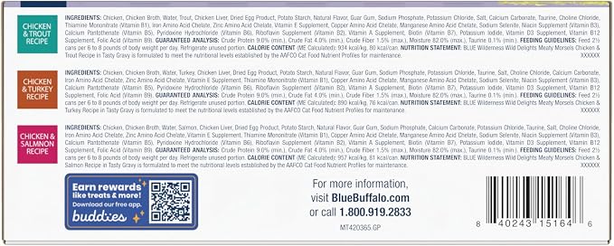 Blue Buffalo Wilderness Wild Delights Meaty Morsels Variety Pack Cat Food | High Protein, Chicken & Turkey, Chicken & Trout, Chicken & Salmon (4 of Each), Grain-Free Recipes, 3-oz. Cans (Pack of 12)