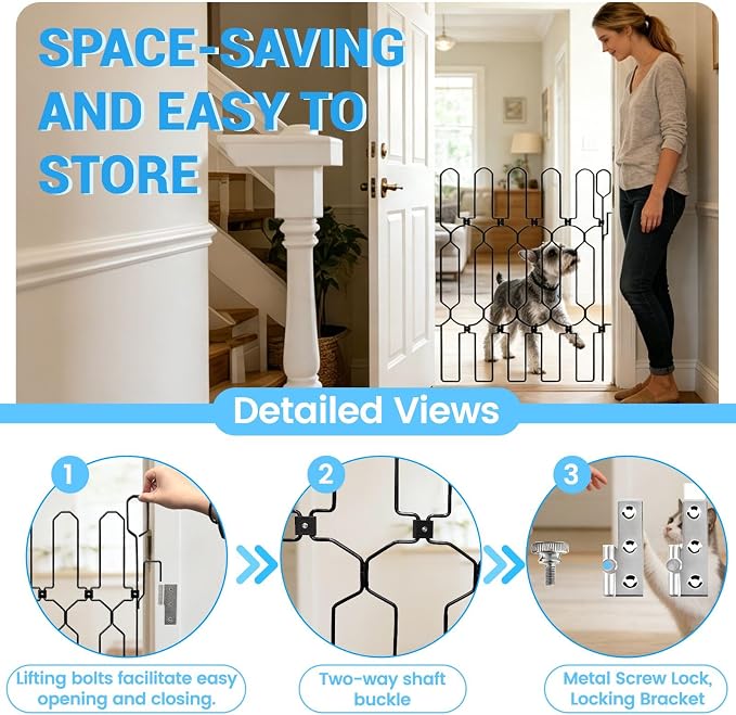 Retractable Metal Dog Gate for Front Door, Bite-Proof Pet Door Barrier, Foldable Space-Saving Wall-Mounted for Small and Medium-Sized Dogs, Easy Install Dog Gate, Indoor/Outdoor (W: 26in H: 31in)