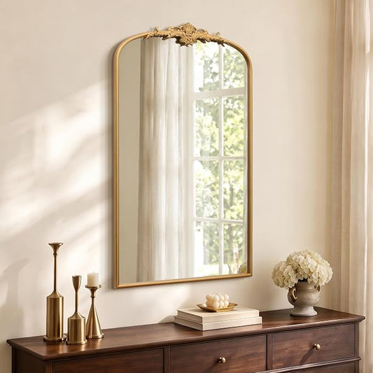 Besdomus Vintage Large Wall Mirror: 24"x42" French Arch Gold Vanity Mirrors | Antique Metal Framed Decorative - Baroque Traditional Ornate for Hallway/Bathroom/Fireplace - Ideal for Bathroom Renovations