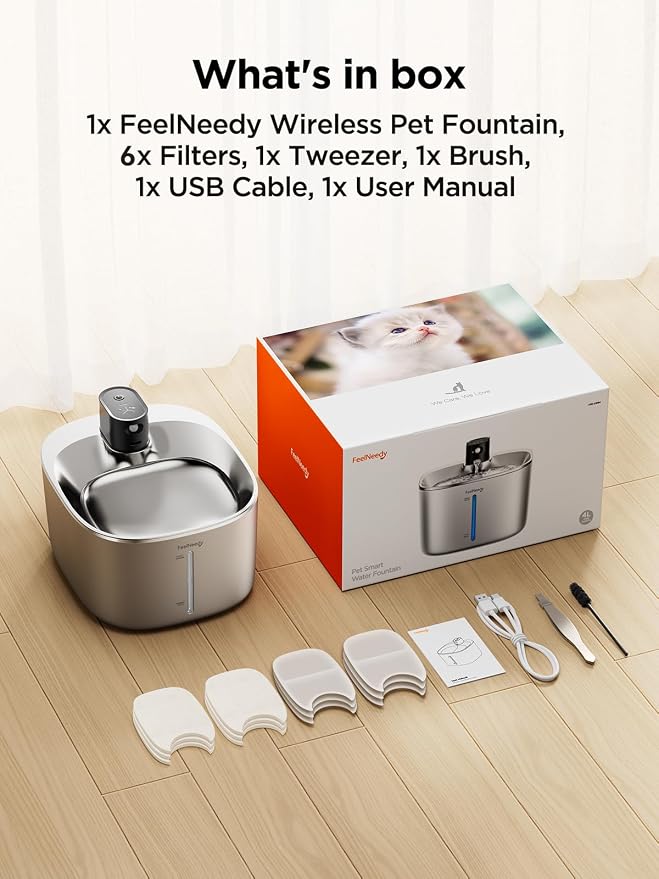 Cordless Cat Water Fountain, Battery Operated, 4L/135fl oz Stainless Steel Pet Water Fountain for Cats Dogs with Motion Sensor, Ultra Quiet Cat Drinking Fountain with 6 Filters (YPD-C004S)