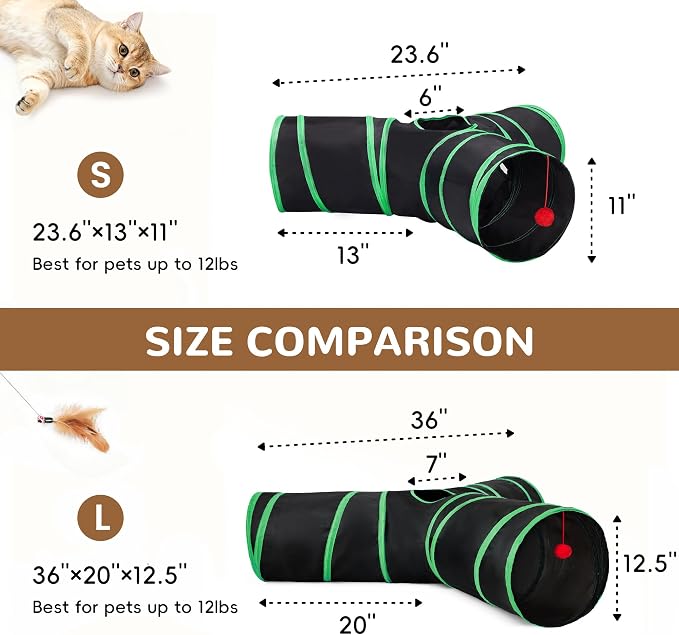 Tempcore Cat Tunnel, 3-Way Collapsible Toy, Large Size Black & Green