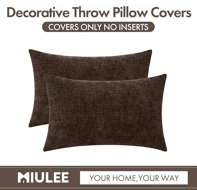 MIULEE Chenille Fall Lumbar Throw Pillow Covers Chocolate Brown 12x20 | Pack of 2, Modern Fall Decor, Classic Decorative Pillows, Solid Dyed Cases, Couch Cushion Covers for Sofa Bed Living Room