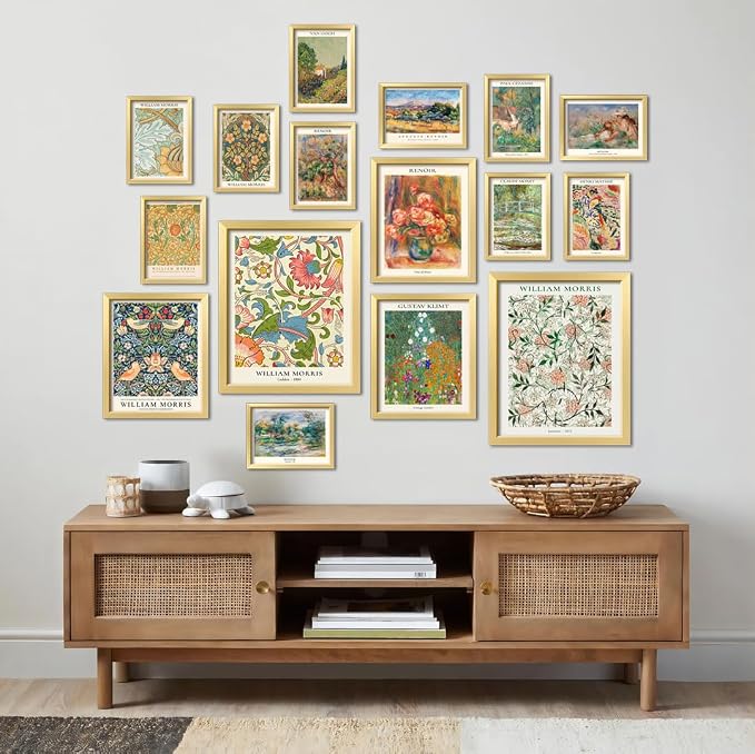 ANERZA 16 PCS Gold Framed Vintage Eclectic Wall Art Decor, William Morris Wall Prints for Bedroom, Gallery Wall Frame Set, Posters for Living Room Aesthetic, Collage Kit, Colorful Dorm Home Artwork