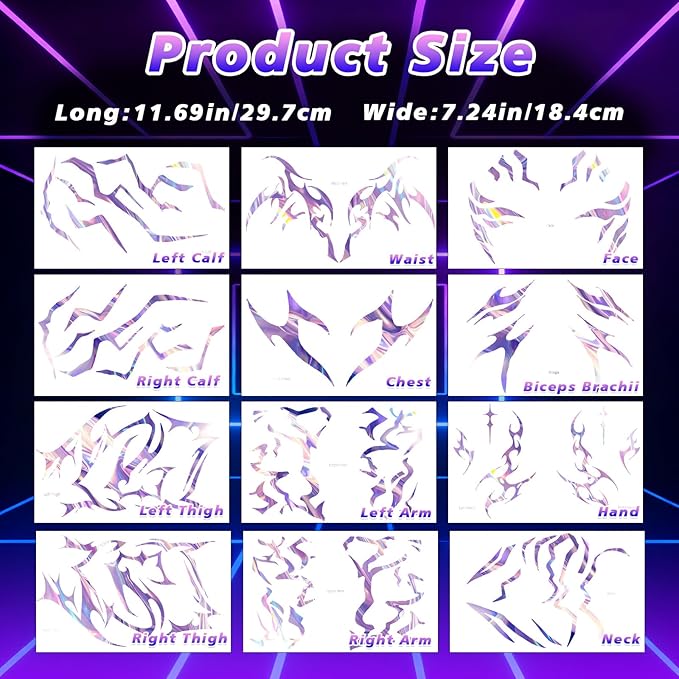 12 Sheets Cosplay Holographic Temporary Tattoos，Dance Fake Tattoos Stickers for Cosplay, Halloween, Music Festival, Dance Party Makeup, Fantasy Creature Design, Fantasy Theme Costume Accessories