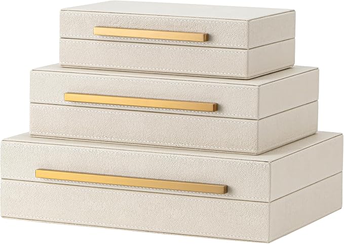 XIGEXIGE Faux Leather Large Modern Stackable Nesting Jewelry Box with Lids Organizer – Set of 3 Beige Shagreen Decorative Storage Boxes with Gold Metal Handles