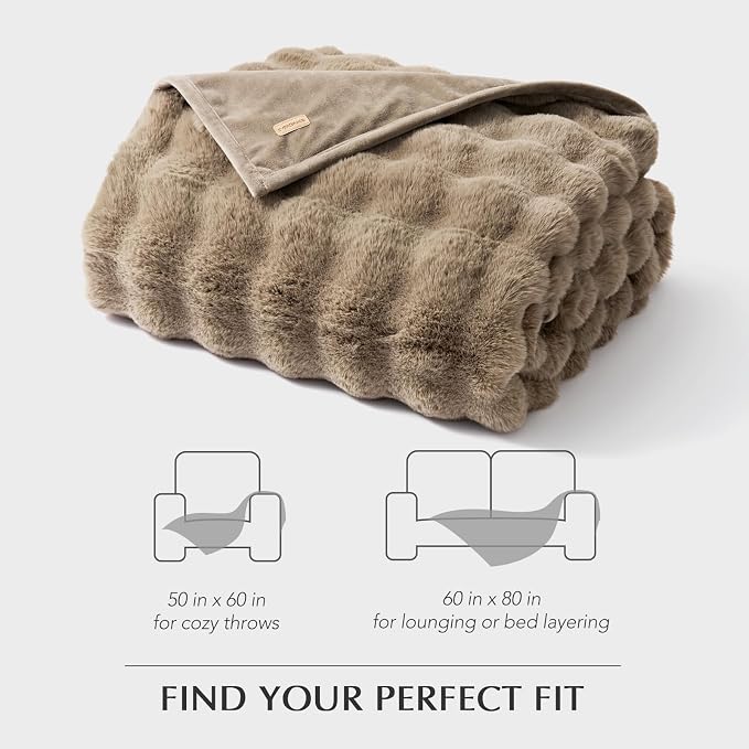 Faux Rabbit Fur Bubble Throw Blanket, 60"x80", Greige | Ultra Soft, Luxury Faux Rabbit Fur Throw, Thick Warm Bubble Blanket, Cozy Fluffy Reversible, for Bed, Couch, Chair, Sofa