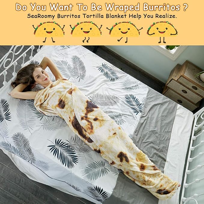 SeaRoomy 71 in Burrito Tortilla Blanket, Funny Large Throw Blanket, Brown | White Elephant Christmas Birthday Gifts, Gag Gifts for Women Men Teen Boys & Girls, Soft Fluffy Flannel, Double Sided