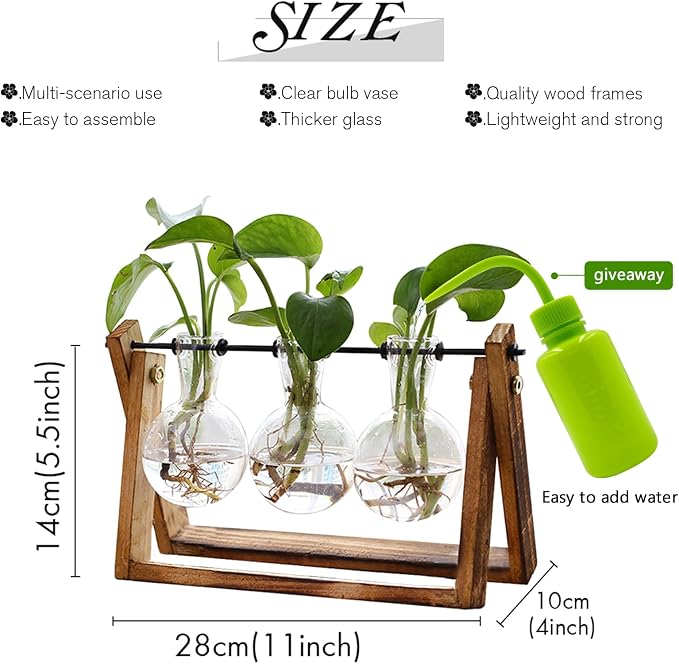 XXXFLOWER Plant Terrarium with Wooden Stand, Air Planter Bulb Glass Vase Metal Swivel Holder Retro Tabletop for Hydroponics Home Garden Office Decoration - 3 Bulb Vase | Air Planter Flower Glass Vase Retro for Hydroponics Cutting Home Garden Office Dec...
