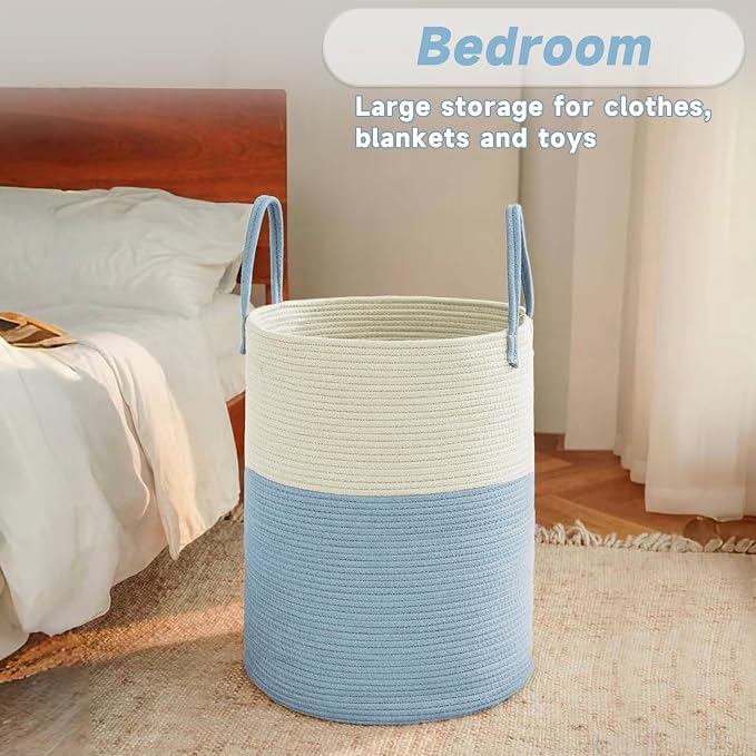 JMvicyroam 60L Cotton Rope Laundry Basket Hamper, White and Blue | Collapsible laundry basket, reinforced handles, freestanding, machine washable, holds 3-5 thick blankets, clothes or toys