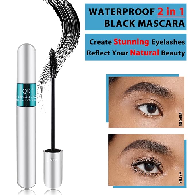 2 Pack 2 in 1 QIC 5x Longer Washable Black Mascara, 4D Silk Fiber Lash 2 Step, No Clumping, Long-lasting Waterproof Lash Cosmetics Beauty Eye Makeup
