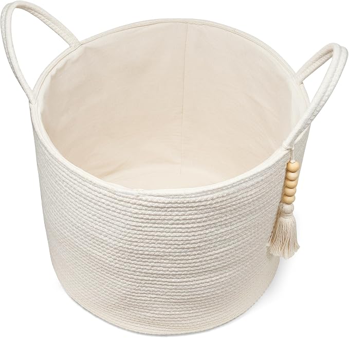 Mkono Woven Storage Basket for Blanket, Toys Plant Organizer, 15"W x 17.7"L | White, Cotton, Decorative Basket with Handle, Wood Beads Tassel, Shoes Towel Clothes Storage Bin, Living Room Bedroom Nursery