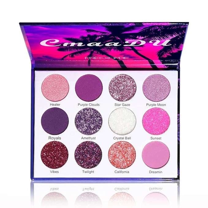 Purple Pink Glitter Eyeshadow Palette - 12 Color Shimmer High Pigmented Powder Lasting Waterproof Colorful Eyeshadow Palette for Girl Women