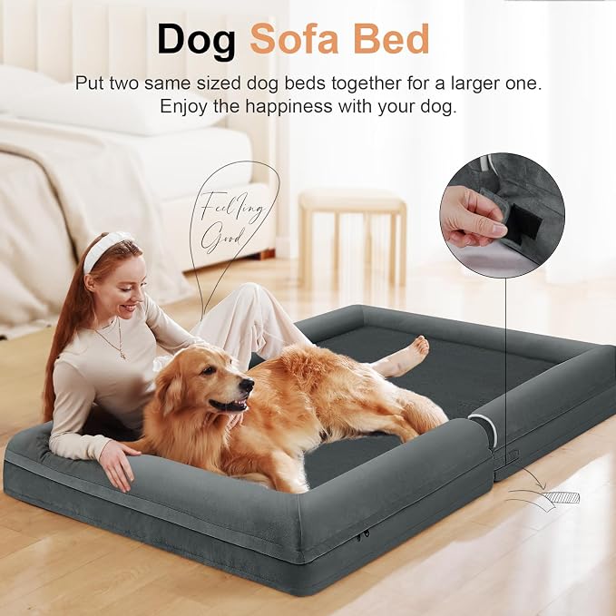Orthopedic Dog Bed for Large Dogs, 36 x 27 Inch, Dark Grey | Egg crate foam for joint support, 3-sided bolster pet sofa, waterproof lining, washable cover, and non-skid base