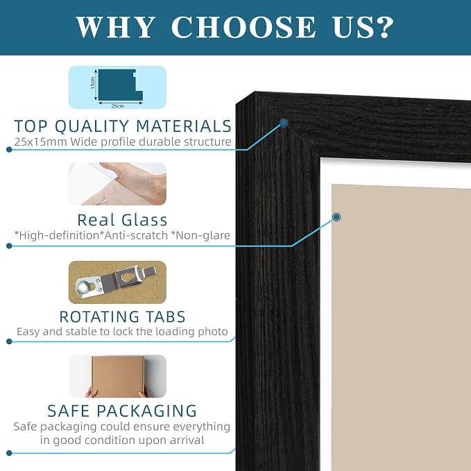 Hongkee 9x12 Picture Frame Set of 4, Made of Glass and Rustic Black Wooden Frame - Display Picture 6x8 with Mat or 9 x 12 Without Mat, 9 by 12 Photo for Wall or Tabletop